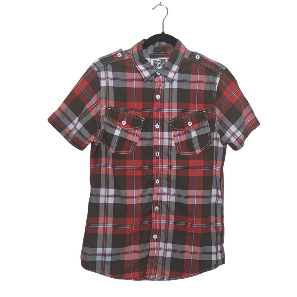 Converse men red plaid short sleeves button shirt size Small